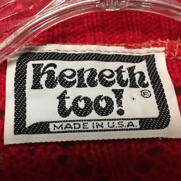 Vtg Xmas red sweater cardigan Keneth Too! Made in USA Button front cut out yoke - Picture 7 of 10